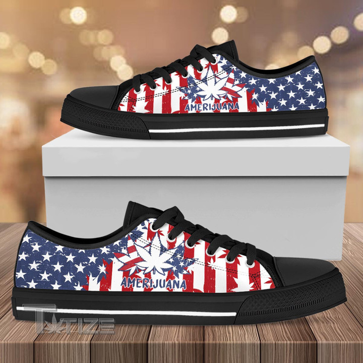 Weed American Flag Shoes, Amerijuana Low Top Canvas Shoes