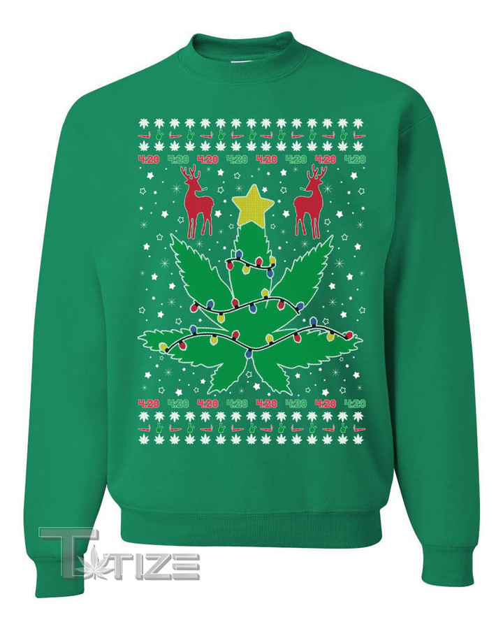 Weed Marijuana Lit Deer Pot Leaf Xmas Lights Christmas Graphic Unisex T Shirt, Sweatshirt, Hoodie Size S - 5XL