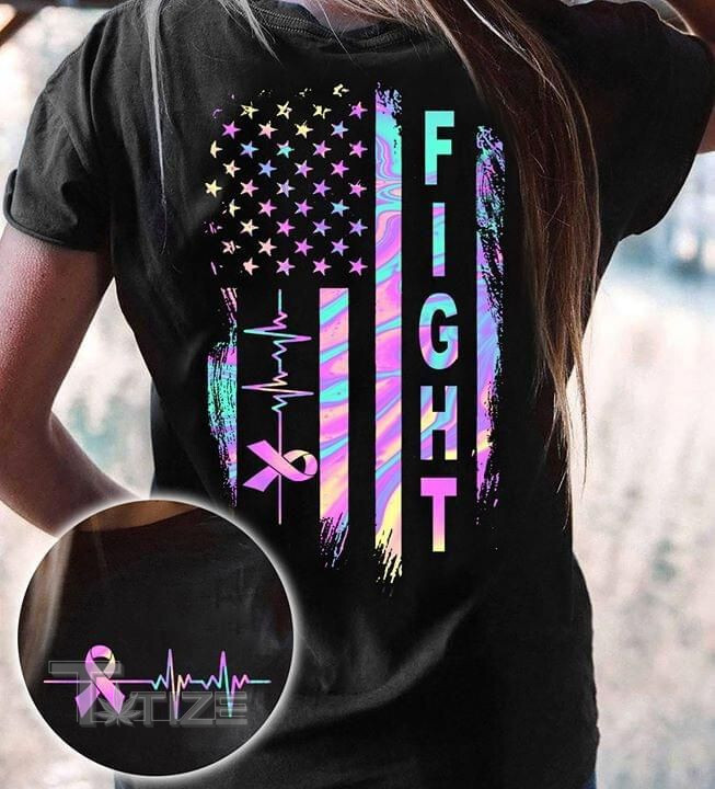 Breast Cancer Awareness American Flag Hologram Fight Two Sided Graphic Unisex T Shirt, Sweatshirt, Hoodie Size S - 5XL