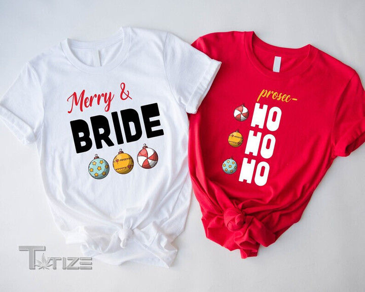 Couple Christmas Shirt Merry and Bride Ho Ho Ho Graphic Unisex T Shirt, Sweatshirt, Hoodie Size S - 5XL