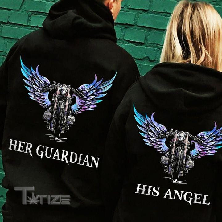 Couple Shirts Her Guardian - His Angel Biker Matching Couple, Valentine 2024 Gifts Graphic Unisex T Shirt, Sweatshirt, Hoodie Size S - 5XL