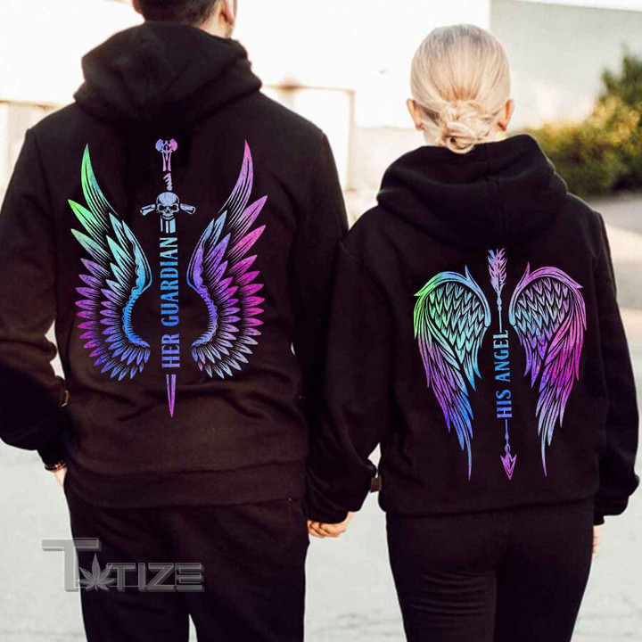 Couple Shirts Her Guardian His Angel Couple Matching,Valentine 2024 Gift Graphic Unisex T Shirt, Sweatshirt, Hoodie Size S - 5XL