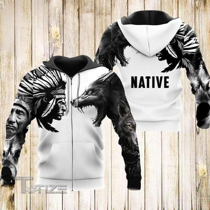 Native American And Wolf Black And White Custom name 3D All Over Printed Shirt, Sweatshirt, Hoodie, Bomber Jacket Size S - 5XL