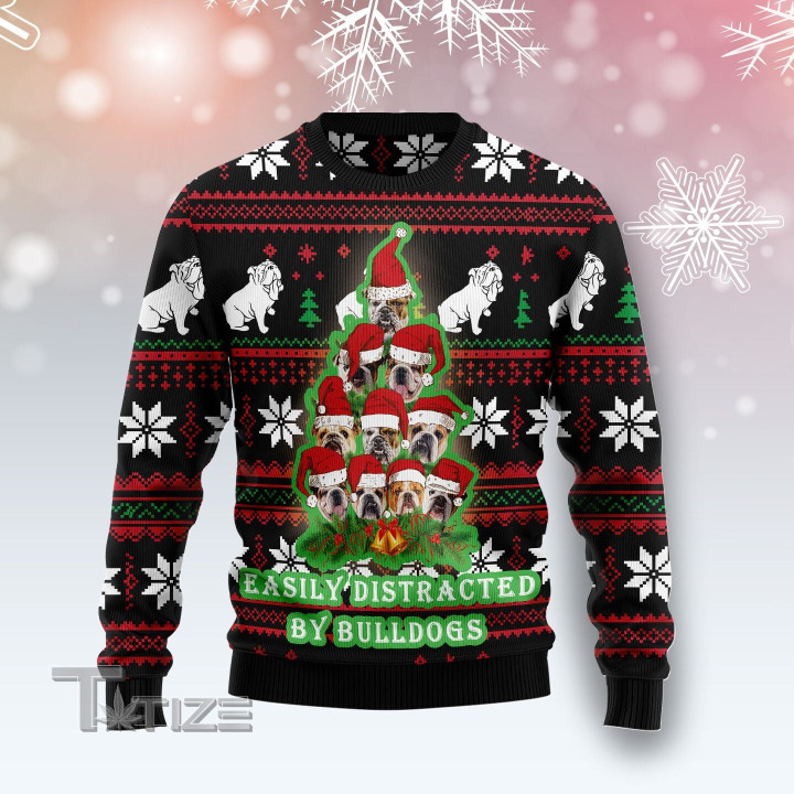 Bulldog Pine Tree Christmas Ugly Christmas Sweater
