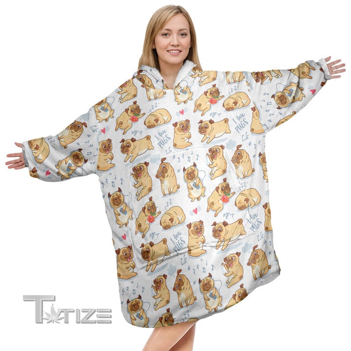 Dog Pug Pattern Christmas Oodie Oversized Hoodie Blanket
