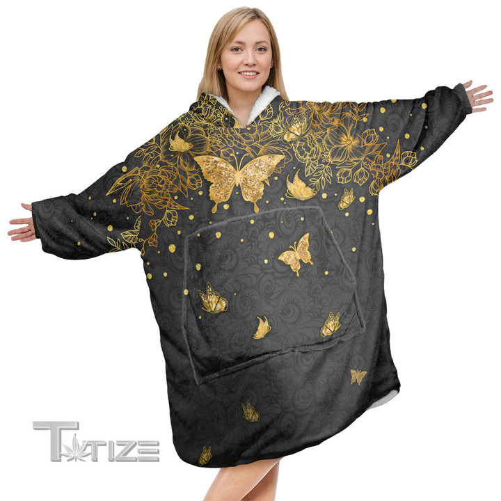 Butterfly Gold Flower Christmas Oodie Oversized Hoodie Blanket