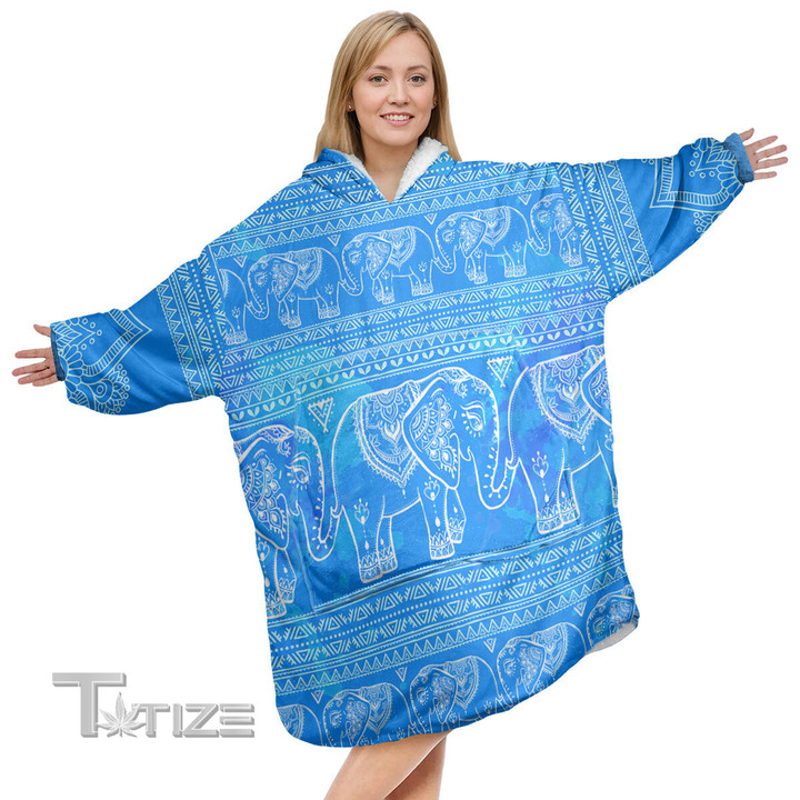 Elephant Blue Pattern Christmas Oodie Oversized Hoodie Blanket