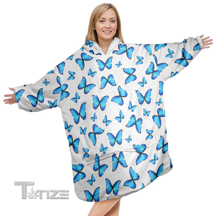 Butterfly Blue Pattern Christmas Oodie Oversized Hoodie Blanket