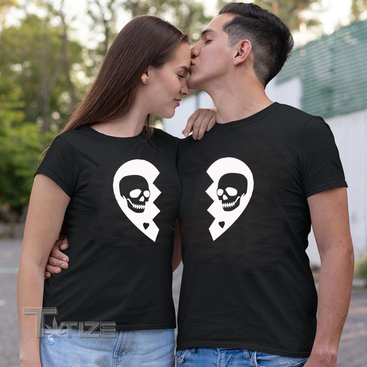 Valentine 2024 SKULL HEART Mens Ladies Couple Matching Shirts T-shirt Tshirt Graphic Unisex T Shirt, Sweatshirt, Hoodie Size S - 5XL