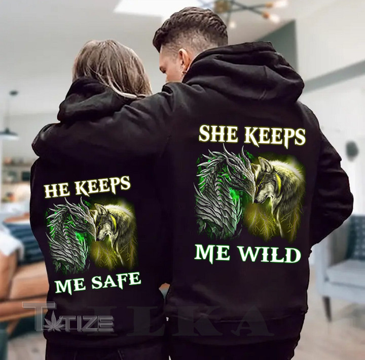 Valentine 2023 Personalized She Keeps Me Wild He Keeps Me Safe Hoodie Wolf Graphic Unisex T Shirt, Sweatshirt, Hoodie Size S - 5XL