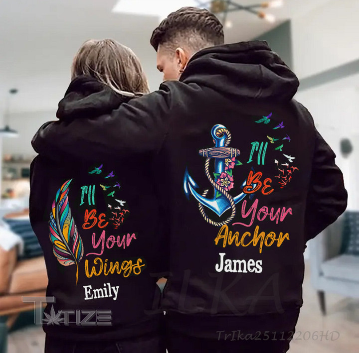 Valentine 2023 Anchor and Wings Personalized Couple Hoodie Printed Matching Graphic Unisex T Shirt, Sweatshirt, Hoodie Size S - 5XL