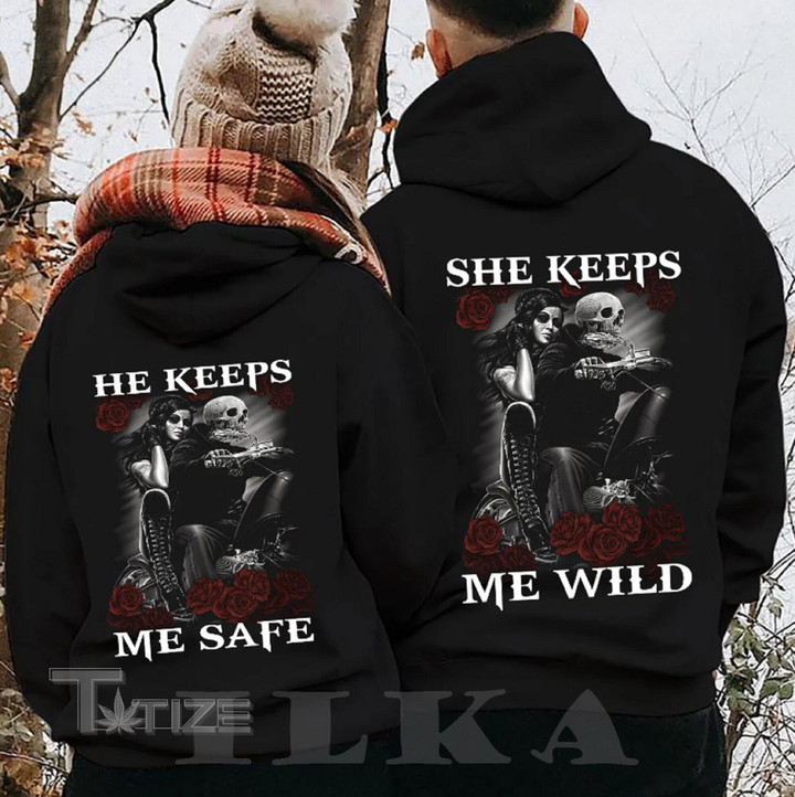 Valentine 2023 Personalized She Keeps Me Wild He Keeps Me Safe Hoodie Skull Graphic Unisex T Shirt, Sweatshirt, Hoodie Size S - 5XL