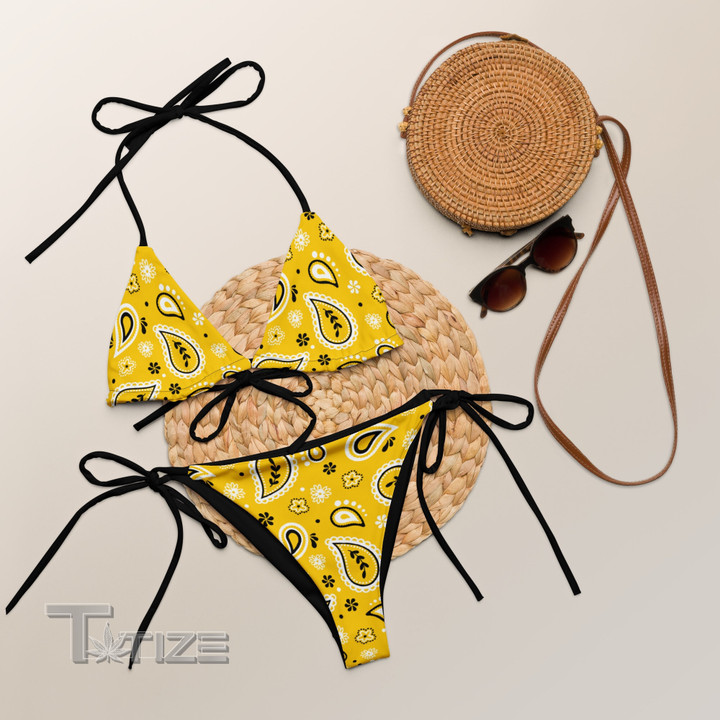 Cute Golden Yellow Black and White Paisley All-over Print String Bikini