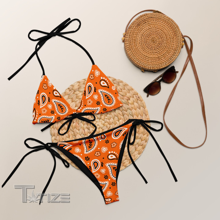 Cute Golden Orange Black and White Paisley All-over Print String Bikini
