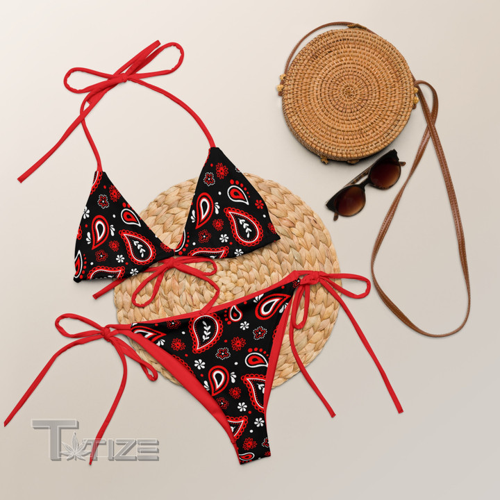 Cute Red Black and White Paisley All-over Print Recycled String Bikini