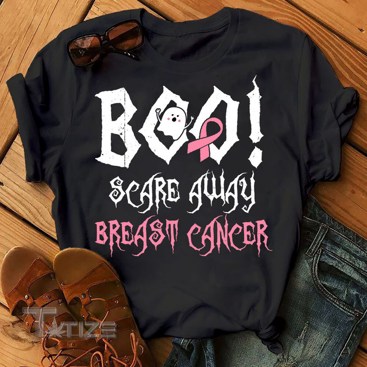 Boo Scare Away Breast Cancer Halloween Breast Cancer Awareness 2024 Graphic Unisex T Shirt, Sweatshirt, Hoodie Size S - 5XL