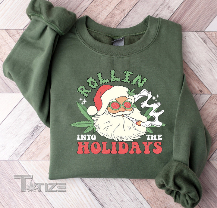 Rollin Into the Holidays Santa Sweatshirt Smoker Santa Retro Graphic Unisex T Shirt, Sweatshirt, Hoodie Size S - 5XL