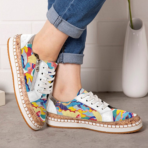 OCW Women Loafers Lace-up Zipper Design Colorful Pattern Flat Fashionable Casual Shoes