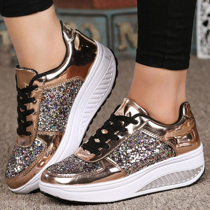 OCW New Style Rhinestone Sequins Glitter Shiny Bling Crystal Platform Slip On Lace Up Ultra Soft Shoes For Women