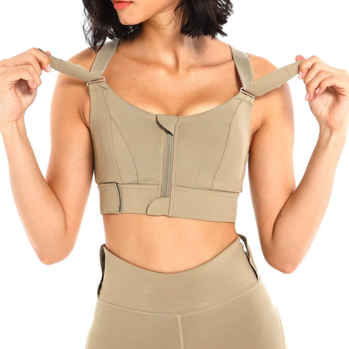 OCW Women Sports Bras Tights Crop Top Yoga Front Zipper Adjustable Shockproof Straps Size S-5XL