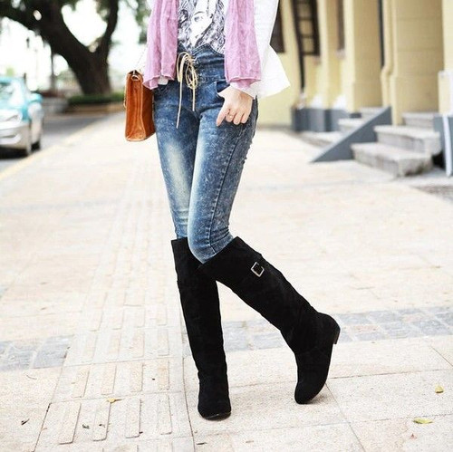 OCW Women Suede Knee Boots Warm Winter Snow Genuine Comfortable Leather