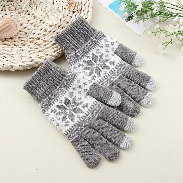 OCW Unisex Touch Screen Knitted Thick Warm Full Finger Snowflake Printed Winter Gloves