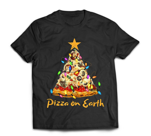 Funny Pizza on Earth Slice Christmas Tree with Lights Gift Custom Graphic T-Shirt