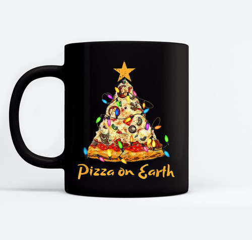 Funny Pizza on Earth Slice Christmas Tree with Lights Gift Black Mugs