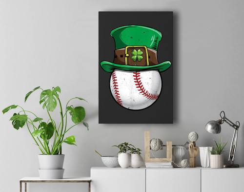 Baseball St Patricks Day Boys Men Ball Leprechaun Catcher Premium Wall Art Canvas Decor