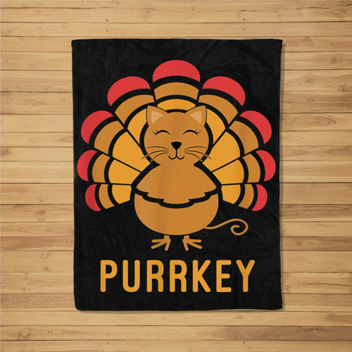 Purrkey Turkey Cat Pun Funny Thanksgiving Cat Lover Fleece Blanket