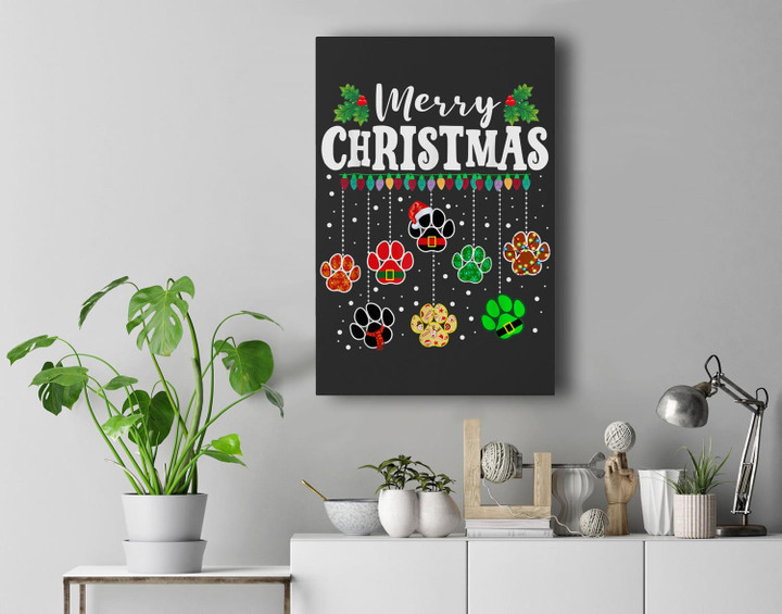 Merry Christmas Dog Paw Print Funny Xmas Light Family Pajama Premium Wall Art Canvas Decor-New Portrait Wall Art-Black