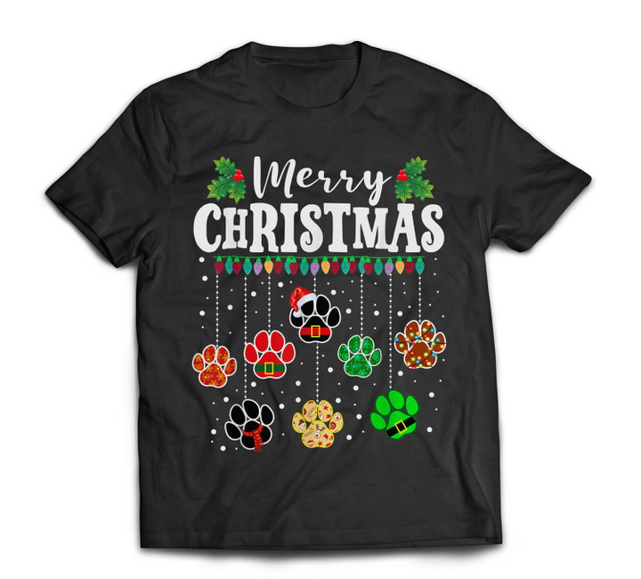 Merry Christmas Dog Paw Print Funny Xmas Light Family Pajama T-shirt-Men-Black