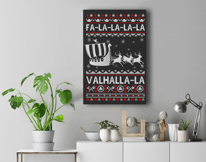 Fa La La Valhalla Viking Ship Ugly Christmas Xmas Premium Wall Art Canvas Decor-New Portrait Wall Art-Black
