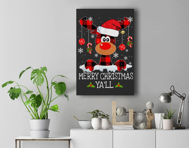 Merry Christmas Ya'll Buffalo Red Plaid Reindeer Santa Hat Premium Wall Art Canvas Decor-New Portrait Wall Art-Black