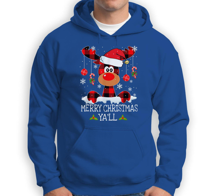 Merry Christmas Ya'll Buffalo Red Plaid Reindeer Santa Hat Sweatshirt & Hoodie-Adult Hoodie-Royal