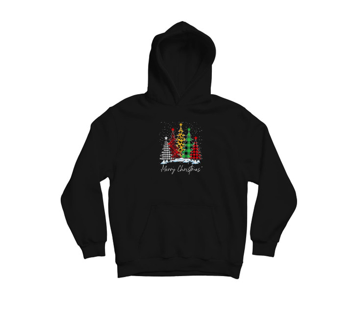 Merry Christmas Trees With Buffalo Plaid Leopard Pajamas Youth Hoodie & T-Shirt-Youth Hoodie-Black