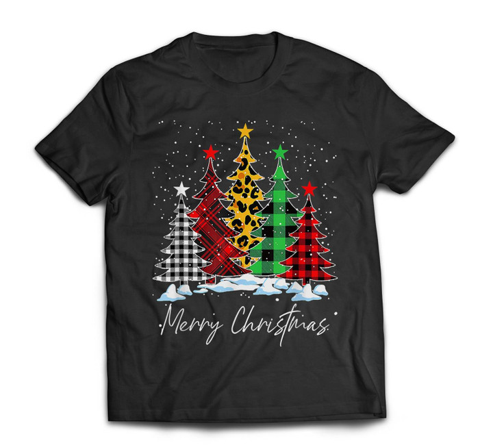 Merry Christmas Trees With Buffalo Plaid Leopard Pajamas T-shirt-Men-Black