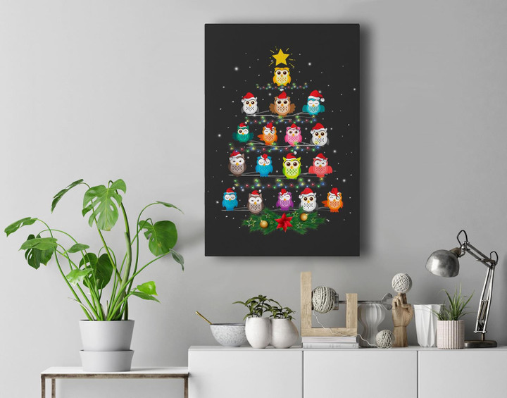 Owl Christmas Tree Lights Xmas Pajama Gifts For Owl Lovers Premium Wall Art Canvas Decor-New Portrait Wall Art-Black