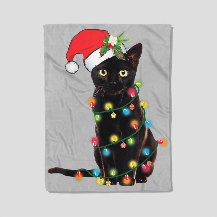 Santa Black Cat Tangled Up In Christmas Tree Lights Holiday Fleece Blanket-30X40 In-White