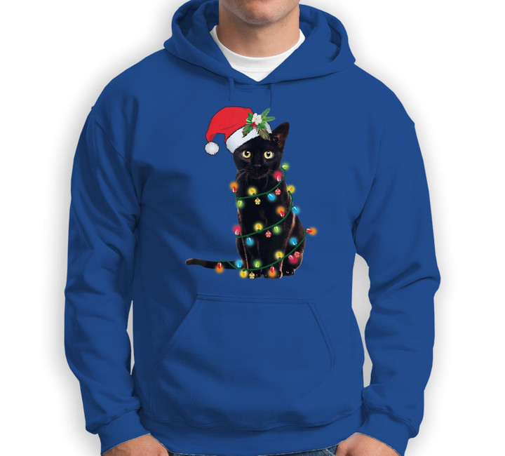 Santa Black Cat Tangled Up In Christmas Tree Lights Holiday Sweatshirt & Hoodie-Adult Hoodie-Royal