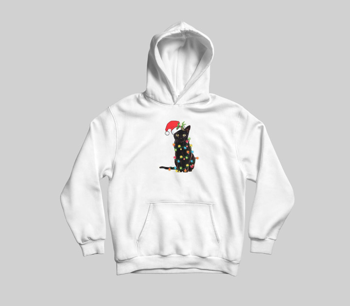 Santa Black Cat Tangled Up In Christmas Tree Lights Holiday Youth Hoodie & T-Shirt-Youth Hoodie-White