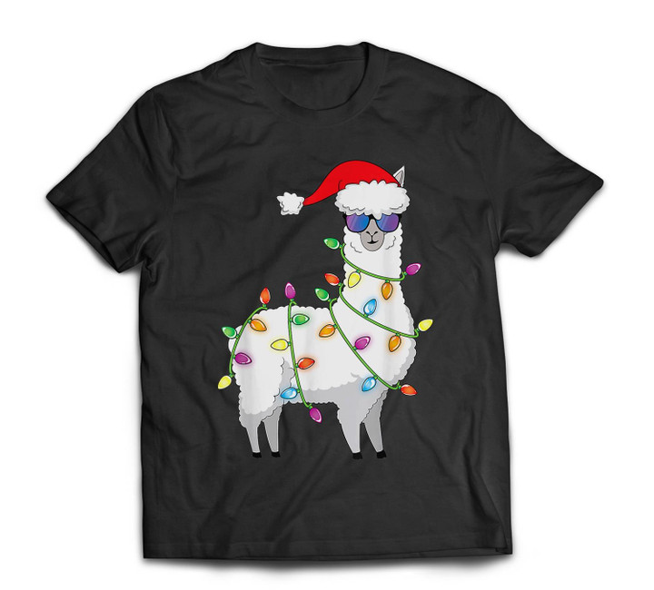 Santa Llama Funny Christmas Tree Lights Llama Xmas T-shirt-Men-Black