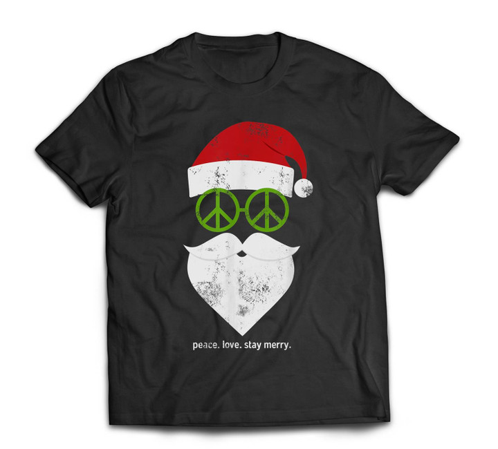 Hippie Santa Groovy Peace Sign Funny Christmas T-shirt-Men-Black