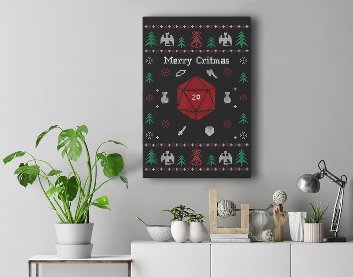 Ugly Christmas Sweater Merry Critmas Dungeons &amp; RPG Dragons Premium Wall Art Canvas Decor-New Portrait Wall Art-Black