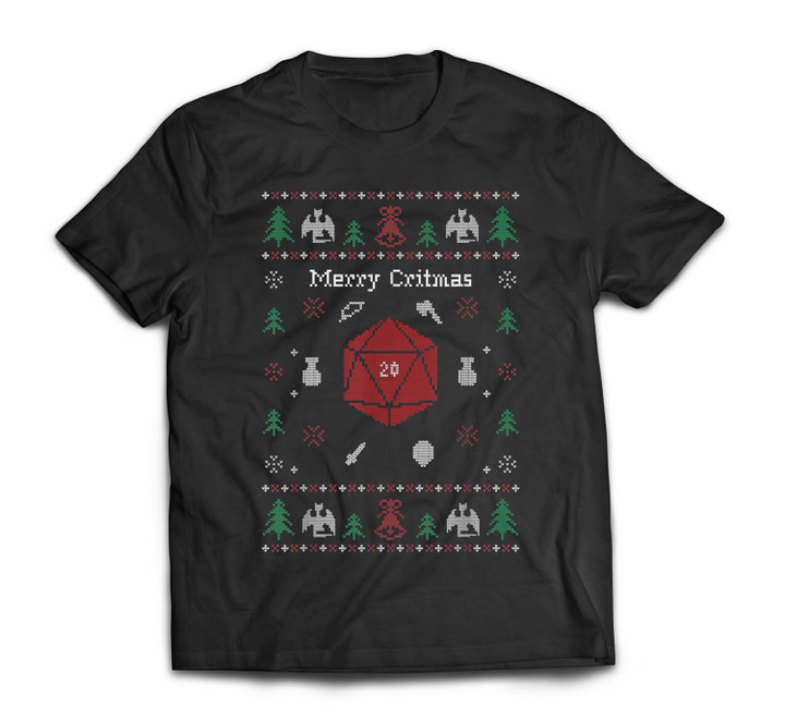 Ugly Christmas Sweater Merry Critmas Dungeons &amp; RPG Dragons T-shirt-Men-Black