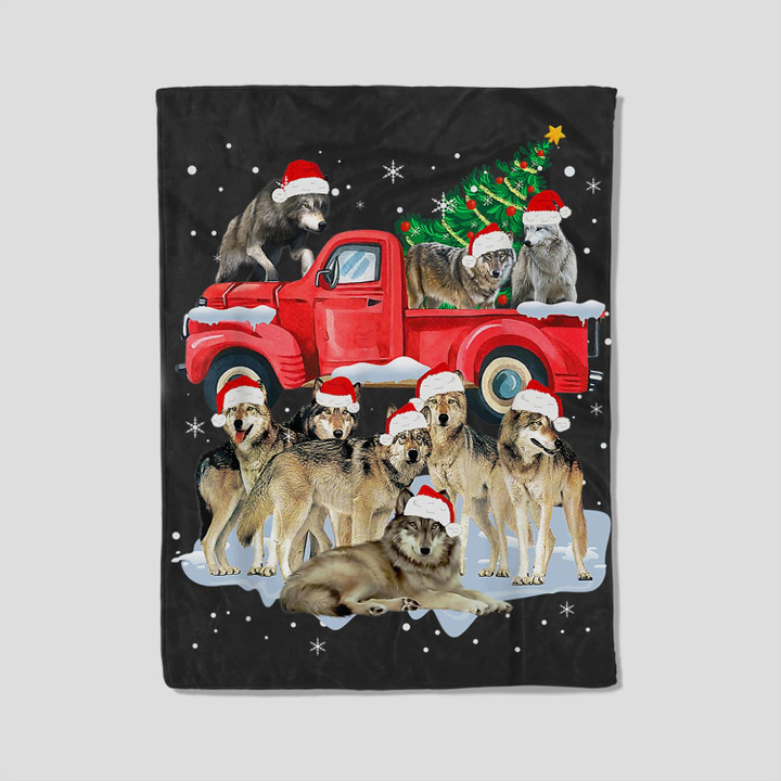 Wolf Riding Red Truck Merry Christmas X Mas Ugly Fleece Blanket-30X40 In-Black