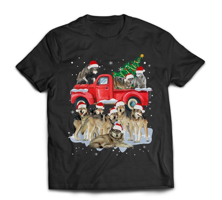 Wolf Riding Red Truck Merry Christmas X Mas Ugly T-shirt-Men-Black