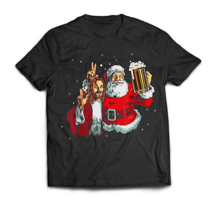 Jesus Christ and Santa Selfie Drink Beer Christmas Gifts T-shirt-Men-Black