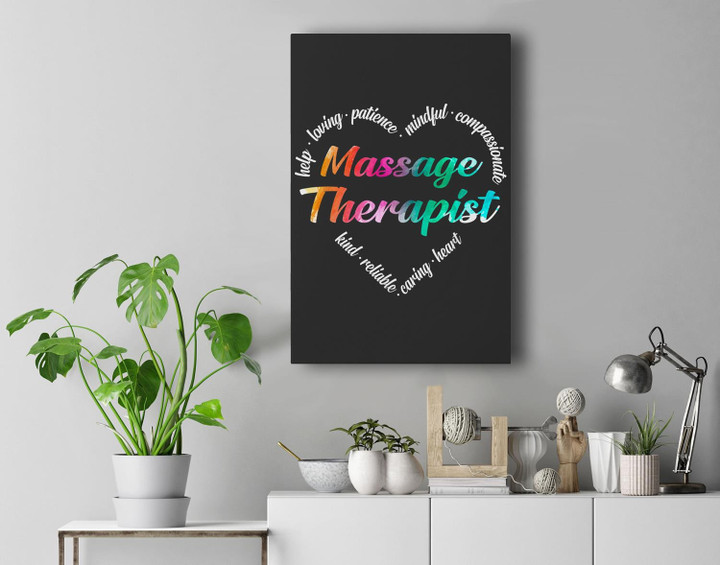Massage Therapist Heart Word Cloud Watercolor Rainbow Premium Wall Art Canvas Decor-New Portrait Wall Art-Black