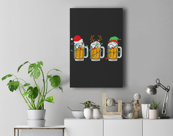 Beer Christmas Mug Santa Reinbeer Xmas Tree Lights Men Women Premium Wall Art Canvas Decor-New Portrait Wall Art-Black